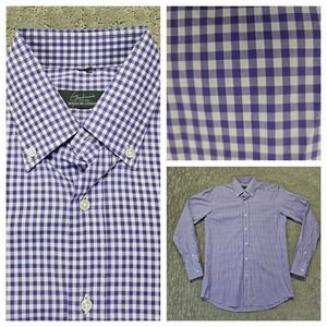 Bergdorf Goodman Shirt Mens M Button Up Purple White Gingham Check Italy‎ Made